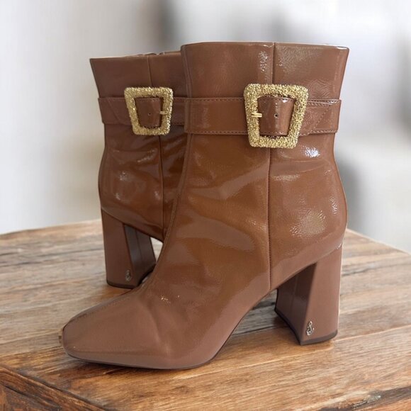 SAM EDELMAN Corinne Tan Patent Buckle Block Heel Boots Size 8.5 - Picture 1 of 10